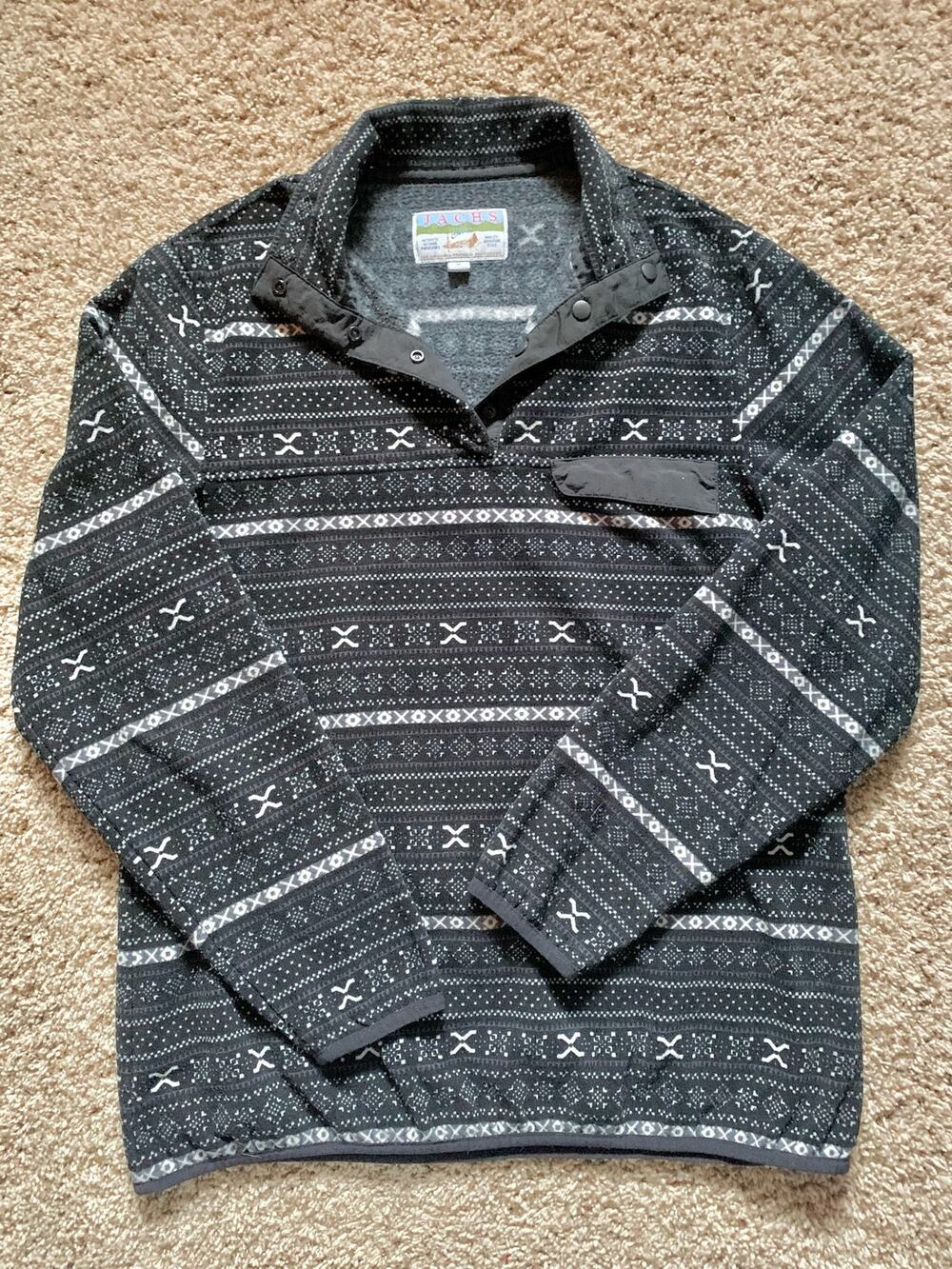 Jachs Cabin Patterned Quarter Button Pullover Black and White Medium